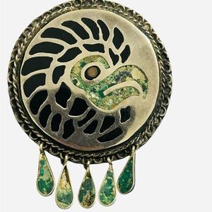 Fun large tribal sterling silver inlaid turquoise face pin or pendant MR Taxco.